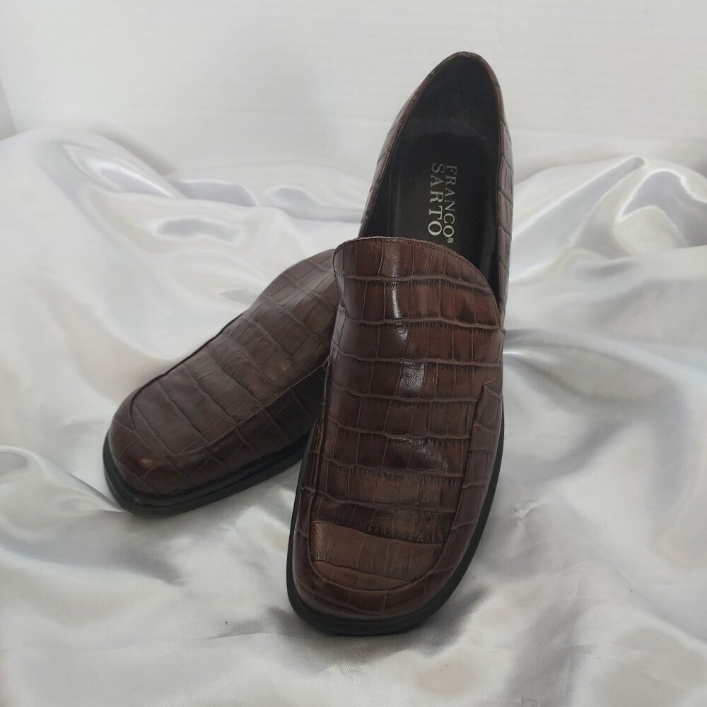 Franco Sarto Flex Brown Crocodile-Embossed Leather Loafters Size 9